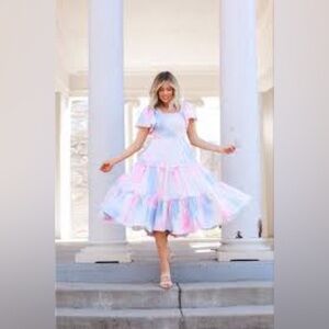 IVY CITY COTTON CANDY SMOCKED BODICE TIERED MIDI DRESS